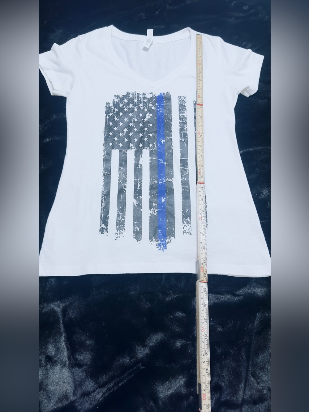 Women's Back the Blue White Graphic V-Neck Tee American Flag Thin Blue Line - Picture 2 of 5